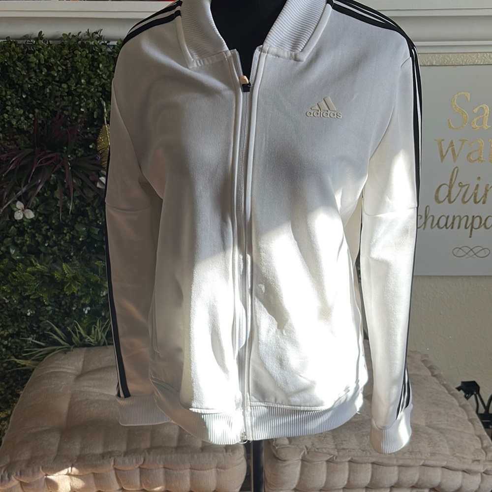 Adidas Women's White Jacket with Black Stripes
